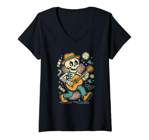 Damen Skelettgitarre Candy Groove T-Shirt mit V-Ausschnitt Damen Skelettgitarre Candy Groove T-Shirt mit V-Ausschnitt von Halloween skeleton guitar candy jam spooky music