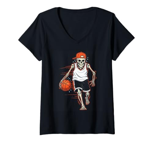 Damen Skelett Basketball Halloween Lustig Gruseliger Basketball-Liebhaber T-Shirt mit V-Ausschnitt von Halloween skeleton sports tee