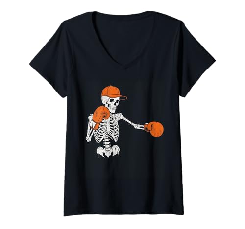 Damen Skelett Boxer Halloween Lustig Gruselige Skelett Boxliebhaber T-Shirt mit V-Ausschnitt von Halloween skeleton sports tee