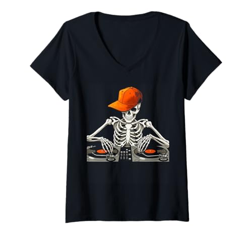 Damen Skelett DJ Dance Halloween Lustig Gruselige Skelett Musik T-Shirt mit V-Ausschnitt von Halloween skeleton sports tee
