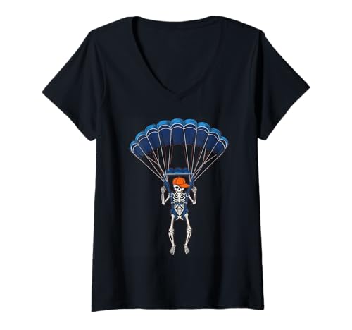 Damen Skelett Fallschirmspringen Halloween Lustiges Gruselskelett Fallschirmspringen T-Shirt mit V-Ausschnitt Damen Skelett Fallschirmspringen Halloween Lustiges Gruselskelett Fallschirmspringen T-Shirt mit V-Ausschnitt von Halloween skeleton sports tee
