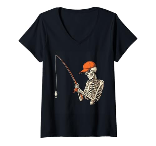 Damen Skelett Fischer Halloween Lustig Gruseliges Skelett Angeln T-Shirt mit V-Ausschnitt von Halloween skeleton sports tee