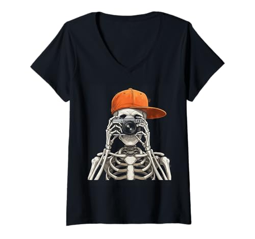 Damen Skelett Foto Horror Halloween Lustiges Gruselskelett T-Shirt mit V-Ausschnitt Damen Skelett Foto Horror Halloween Lustiges Gruselskelett T-Shirt mit V-Ausschnitt von Halloween skeleton sports tee
