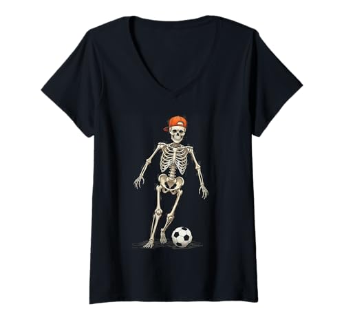 Damen Skelett Fußball Halloween Lustig Gruselspielende Fußballliebhaber T-Shirt mit V-Ausschnitt Damen Skelett Fußball Halloween Lustig Gruselspielende Fußballliebhaber T-Shirt mit V-Ausschnitt von Halloween skeleton sports tee