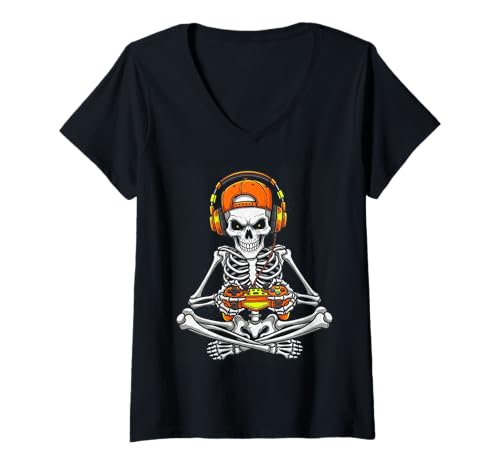 Damen Skelett Gamer Halloween Video Gaming Jungen Männer Kinder Lustig T-Shirt mit V-Ausschnitt von Halloween skeleton sports tee