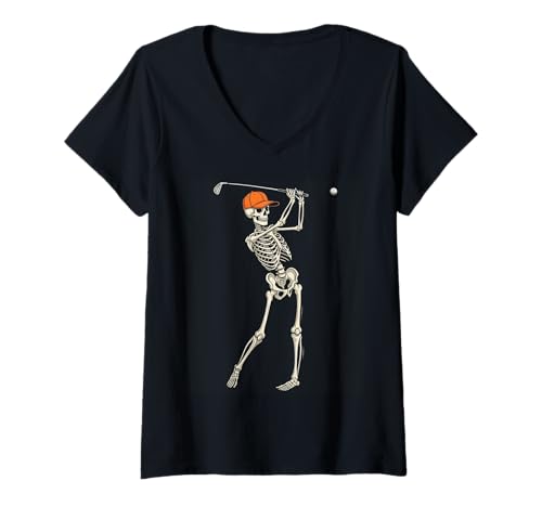 Damen Skelett Golf Halloween Lustiges Gruselskelett Spielen Golf T-Shirt mit V-Ausschnitt von Halloween skeleton sports tee