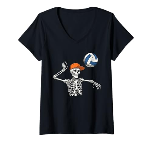 Damen Skelett Handball Halloween Lustiger Gruselskelett Handball T-Shirt mit V-Ausschnitt Damen Skelett Handball Halloween Lustiger Gruselskelett Handball T-Shirt mit V-Ausschnitt von Halloween skeleton sports tee