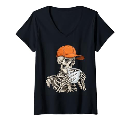 Damen Skelett Kaffee Halloween Lustig Gruseliges Skelett Getränk Kaffee T-Shirt mit V-Ausschnitt Damen Skelett Kaffee Halloween Lustig Gruseliges Skelett Getränk Kaffee T-Shirt mit V-Ausschnitt von Halloween skeleton sports tee