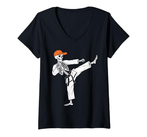 Damen Skelett Karate Halloween Lustig Gruseliges Skelett Karate T-Shirt mit V-Ausschnitt Damen Skelett Karate Halloween Lustig Gruseliges Skelett Karate T-Shirt mit V-Ausschnitt von Halloween skeleton sports tee
