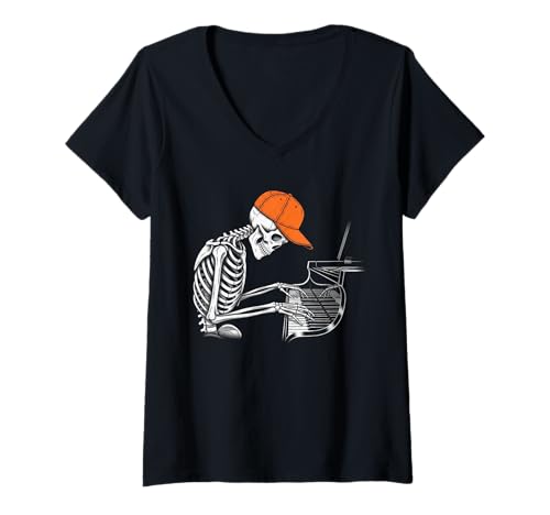 Damen Skelett Klavier Halloween Lustiges Gruselskelett Spielen Klavier T-Shirt mit V-Ausschnitt Damen Skelett Klavier Halloween Lustiges Gruselskelett Spielen Klavier T-Shirt mit V-Ausschnitt von Halloween skeleton sports tee