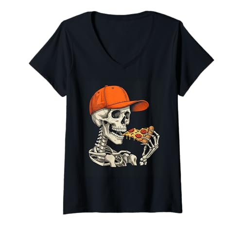 Damen Skelett Pizza Halloween Lustig Gruseliges Skelett Essen Pizza T-Shirt mit V-Ausschnitt von Halloween skeleton sports tee