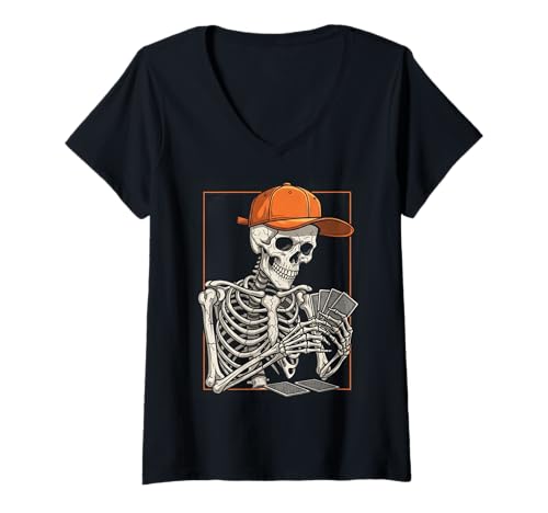 Damen Skelett Poker Halloween Lustige Gruselskelett Kartenspiele T-Shirt mit V-Ausschnitt Damen Skelett Poker Halloween Lustige Gruselskelett Kartenspiele T-Shirt mit V-Ausschnitt von Halloween skeleton sports tee