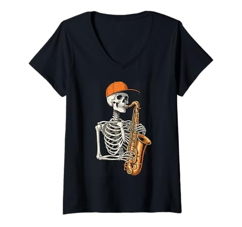Damen Skelett Saxophon Halloween Lustig Gruseliges Skelett Saxophon T-Shirt mit V-Ausschnitt Damen Skelett Saxophon Halloween Lustig Gruseliges Skelett Saxophon T-Shirt mit V-Ausschnitt von Halloween skeleton sports tee