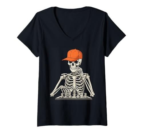 Damen Skelett Schach Halloween Lustiges Gruselskelett Spielen Schach T-Shirt mit V-Ausschnitt von Halloween skeleton sports tee