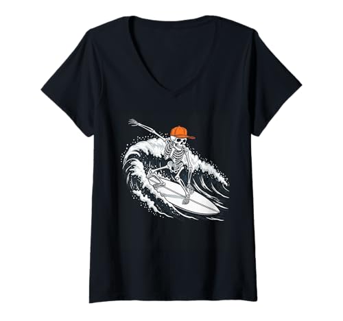 Damen Skelett Surfen Halloween Lustig Gruseliges Skelett Surfen T-Shirt mit V-Ausschnitt Damen Skelett Surfen Halloween Lustig Gruseliges Skelett Surfen T-Shirt mit V-Ausschnitt von Halloween skeleton sports tee
