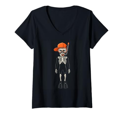Damen Skelett Tauchen Halloween Lustig Gruselige Skelett Taucher Liebhaber T-Shirt mit V-Ausschnitt von Halloween skeleton sports tee
