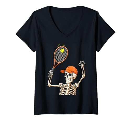 Damen Skelett-Tennis, Halloween, lustig, gruselig, spielt Tennis-Liebhaber T-Shirt mit V-Ausschnitt Damen Skelett-Tennis, Halloween, lustig, gruselig, spielt Tennis-Liebhaber T-Shirt mit V-Ausschnitt von Halloween skeleton sports tee