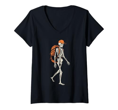 Damen Skelett Wandern Halloween Lustiges Gruselskelett Rucksackreisen T-Shirt mit V-Ausschnitt Damen Skelett Wandern Halloween Lustiges Gruselskelett Rucksackreisen T-Shirt mit V-Ausschnitt von Halloween skeleton sports tee