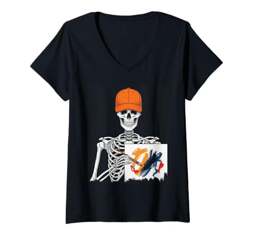 Damen Skelettfarbe Halloween Lustig Gruselige Skelett Malerei T-Shirt mit V-Ausschnitt Damen Skelettfarbe Halloween Lustig Gruselige Skelett Malerei T-Shirt mit V-Ausschnitt von Halloween skeleton sports tee