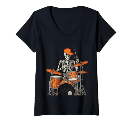 Damen Skeletttrommel Halloween Lustig Gruseliges Skelett Trommeln T-Shirt mit V-Ausschnitt Damen Skeletttrommel Halloween Lustig Gruseliges Skelett Trommeln T-Shirt mit V-Ausschnitt von Halloween skeleton sports tee