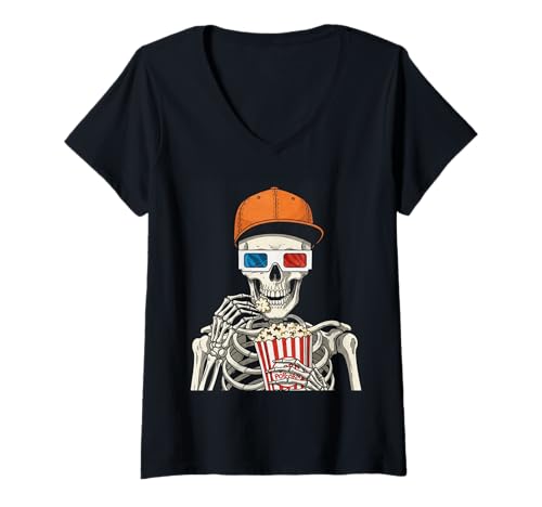 Damen Skelettuhr Horror Halloween Spaß gruseliges Skelett Popcorn T-Shirt mit V-Ausschnitt Damen Skelettuhr Horror Halloween Spaß gruseliges Skelett Popcorn T-Shirt mit V-Ausschnitt von Halloween skeleton sports tee
