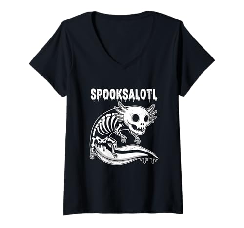 Damen Spooksalotl Weißes Skelett T-Shirt mit V-Ausschnitt Damen Spooksalotl Weißes Skelett T-Shirt mit V-Ausschnitt von Halloween spooksalotl axolotl bones spooky pet