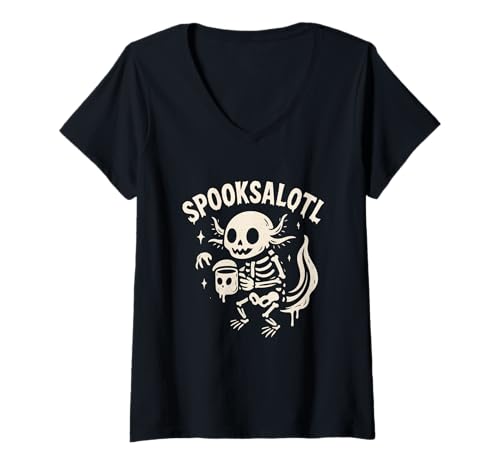 Damen Spooksalotl Skelett Axolotl T-Shirt mit V-Ausschnitt Damen Spooksalotl Skelett Axolotl T-Shirt mit V-Ausschnitt von Halloween spooksalotl axolotl skeleton creepy cute