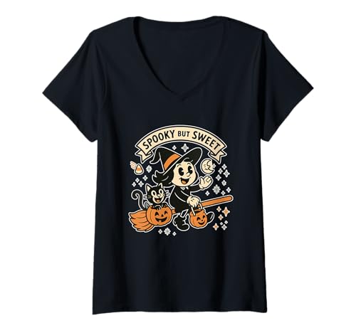 Damen Gruselige Aber süße Hexenkatze T-Shirt mit V-Ausschnitt Damen Gruselige Aber süße Hexenkatze T-Shirt mit V-Ausschnitt von Halloween spooky but sweet witch cat cute broom
