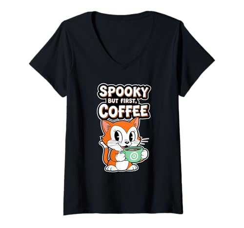 Damen Gruselige Aber erste Kaffeekatze T-Shirt mit V-Ausschnitt Damen Gruselige Aber erste Kaffeekatze T-Shirt mit V-Ausschnitt von Halloween spooky coffee cute cat caffeine spooky