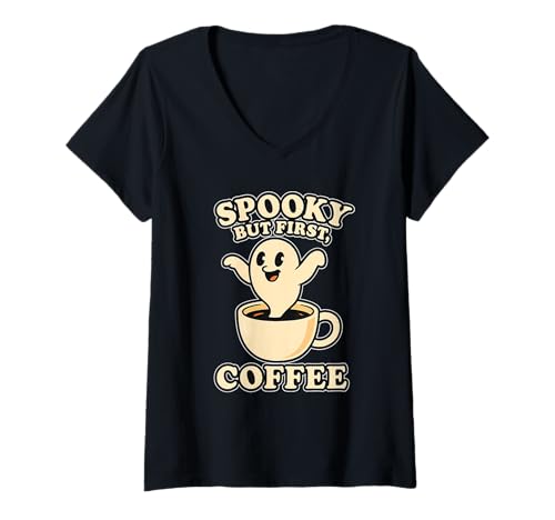 Damen Gruseliger, Aber erster Kaffee im Retro-Look T-Shirt mit V-Ausschnitt Damen Gruseliger, Aber erster Kaffee im Retro-Look T-Shirt mit V-Ausschnitt von Halloween spooky coffee ghost caffeine lover