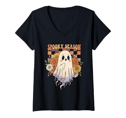 Damen Gruselige Jahreszeit Floral Ghost T-Shirt mit V-Ausschnitt Damen Gruselige Jahreszeit Floral Ghost T-Shirt mit V-Ausschnitt von Halloween spooky season floral ghost autumn vibe