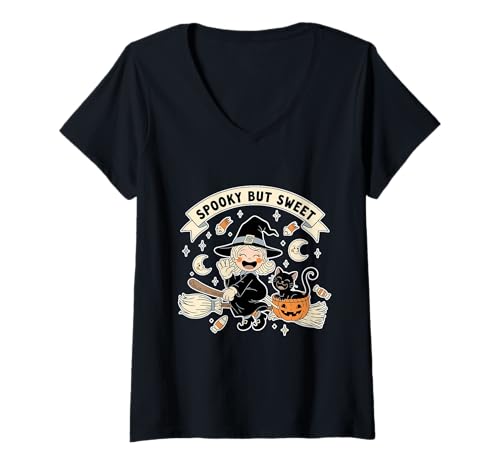 Damen Gruselige Aber süße Hexenkatze T-Shirt mit V-Ausschnitt Damen Gruselige Aber süße Hexenkatze T-Shirt mit V-Ausschnitt von Halloween spooky sweet witch cat cute broom