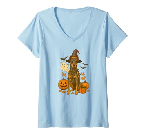 Damen Halloween Dobermann Pinscher Hund, T-Shirt mit V-Ausschnitt Damen Halloween Dobermann Pinscher Hund, T-Shirt mit V-Ausschnitt von Halloween themed Dobermans