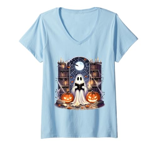 Damen Geister Bibliothek mit Kürbis Halloween Bücher Lesen T-Shirt mit V-Ausschnitt Damen Geister Bibliothek mit Kürbis Halloween Bücher Lesen T-Shirt mit V-Ausschnitt von Halloween & Buchfans Geschenke
