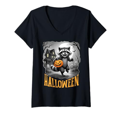 Damen Halloween für Kinder und Erwachsene, mit einem lustigen Waschbär T-Shirt mit V-Ausschnitt Damen Halloween für Kinder und Erwachsene, mit einem lustigen Waschbär T-Shirt mit V-Ausschnitt von Halloween & Raton Laveur