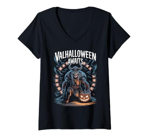 Damen Norse Valhalloween Awaits - Valhalla Viking Skelett T-Shirt mit V-Ausschnitt Damen Norse Valhalloween Awaits - Valhalla Viking Skelett T-Shirt mit V-Ausschnitt von Halloween & Viking Symbols