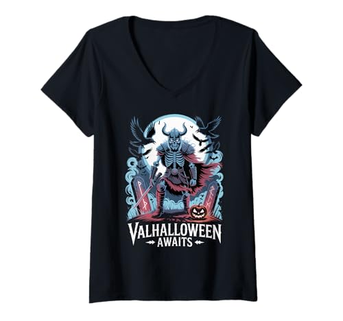 Damen Valhalloween Awaits - Valhalla Halloween Wikinger Skelett T-Shirt mit V-Ausschnitt Damen Valhalloween Awaits - Valhalla Halloween Wikinger Skelett T-Shirt mit V-Ausschnitt von Halloween & Viking Symbols