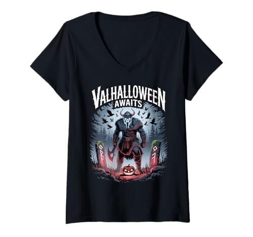 Damen Valhalloween Awaits - Valhalla Wikinger Skelett Halloween T-Shirt mit V-Ausschnitt Damen Valhalloween Awaits - Valhalla Wikinger Skelett Halloween T-Shirt mit V-Ausschnitt von Halloween & Viking Symbols