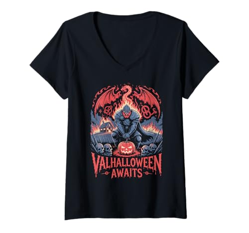 Damen Valhalloween Awaits - Walhalla Wikinger Drache Halloween T-Shirt mit V-Ausschnitt Damen Valhalloween Awaits - Walhalla Wikinger Drache Halloween T-Shirt mit V-Ausschnitt von Halloween & Viking Symbols