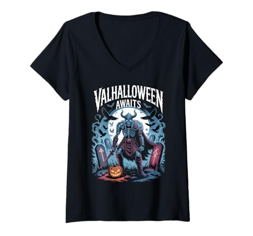 Damen Valhalloween Awaits - Wikinger Skelett Halloween Valhalla T-Shirt mit V-Ausschnitt Damen Valhalloween Awaits - Wikinger Skelett Halloween Valhalla T-Shirt mit V-Ausschnitt von Halloween & Viking Symbols