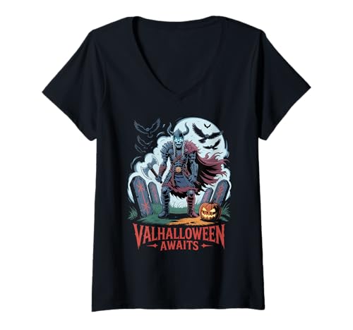 Damen Wikinger Halloween - Valhalloween Nordischer Krieger T-Shirt mit V-Ausschnitt Damen Wikinger Halloween - Valhalloween Nordischer Krieger T-Shirt mit V-Ausschnitt von Halloween & Viking Symbols