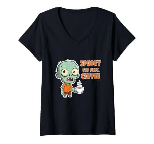 Damen Gruseliger Aber erster Kaffee-Zombie T-Shirt mit V-Ausschnitt Damen Gruseliger Aber erster Kaffee-Zombie T-Shirt mit V-Ausschnitt von Halloween zombie coffee spooky morning undead brew