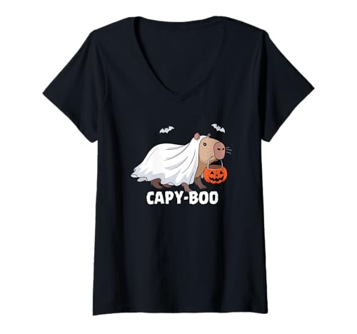 Damen Halloween Capybara Capy Boo T-Shirt mit V-Ausschnitt von Halloween