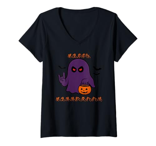 Damen Happy Halloween BSL Zeichensprache Geist Lustiges Kostüm T-Shirt mit V-Ausschnitt von Halloween