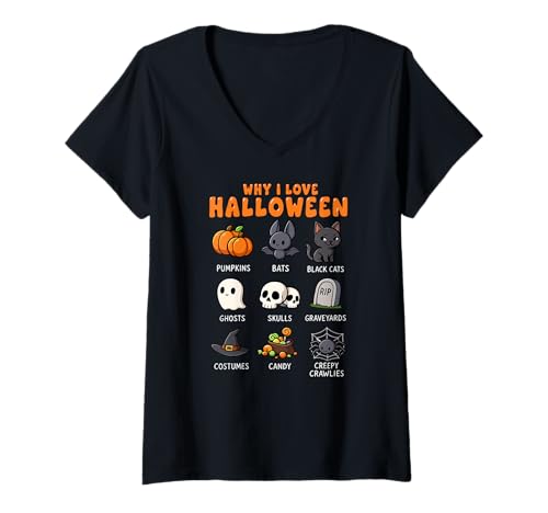 Damen Warum ich Halloween Pumpkin Black Cat Ghost Skulls Mom Dad Liebe T-Shirt mit V-Ausschnitt Damen Warum ich Halloween Pumpkin Black Cat Ghost Skulls Mom Dad Liebe T-Shirt mit V-Ausschnitt von HalloweenAxis1