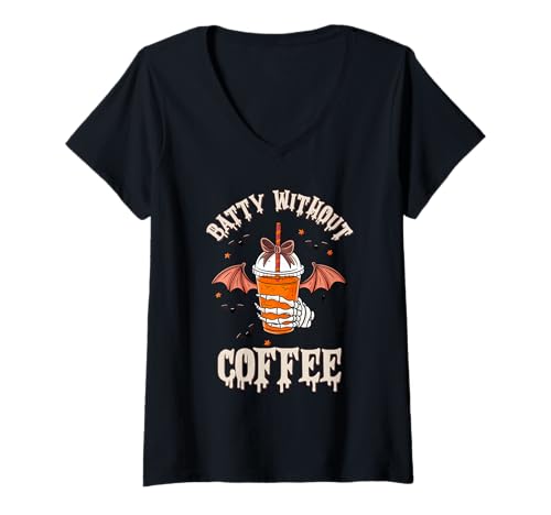 Damen Halloween Batty ohne Kaffee T-Shirt mit V-Ausschnitt Damen Halloween Batty ohne Kaffee T-Shirt mit V-Ausschnitt von HalloweenPhiz