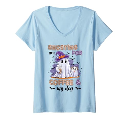 Damen Halloween Ghosting for You Kaffee für Meinen Hund T-Shirt mit V-Ausschnitt Damen Halloween Ghosting for You Kaffee für Meinen Hund T-Shirt mit V-Ausschnitt von HalloweenPhiz