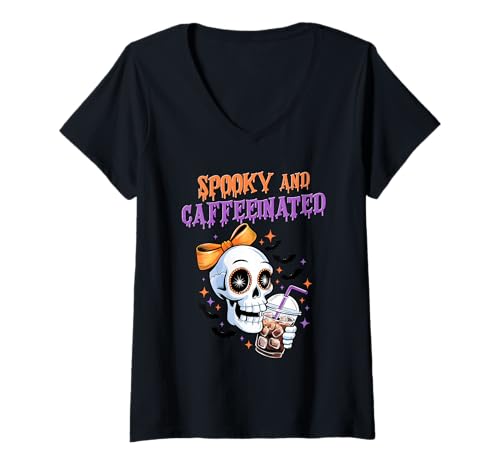 Damen Halloween Gruselig und koffeiniert T-Shirt mit V-Ausschnitt Damen Halloween Gruselig und koffeiniert T-Shirt mit V-Ausschnitt von HalloweenPhiz
