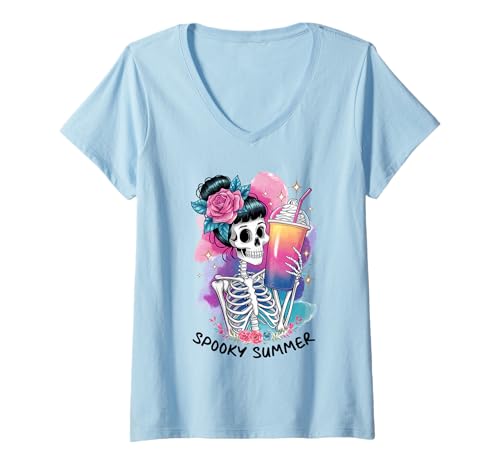 Damen Halloween Gruseliger Sommer Skelett Kürbis Gewürz T-Shirt mit V-Ausschnitt Damen Halloween Gruseliger Sommer Skelett Kürbis Gewürz T-Shirt mit V-Ausschnitt von HalloweenPhiz