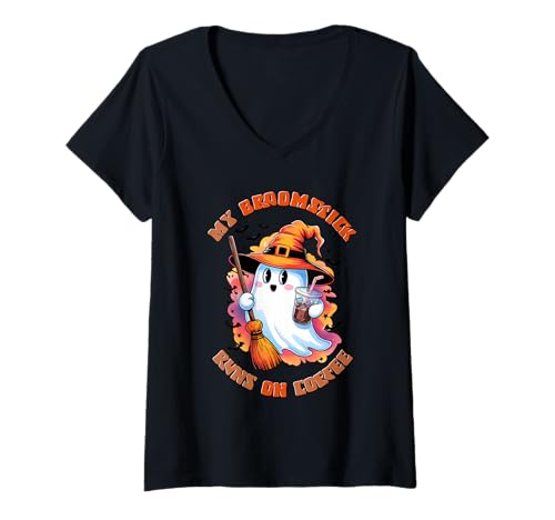 Damen Halloween Mein Besenstiel läuft auf Kaffee T-Shirt mit V-Ausschnitt Damen Halloween Mein Besenstiel läuft auf Kaffee T-Shirt mit V-Ausschnitt von HalloweenPhiz